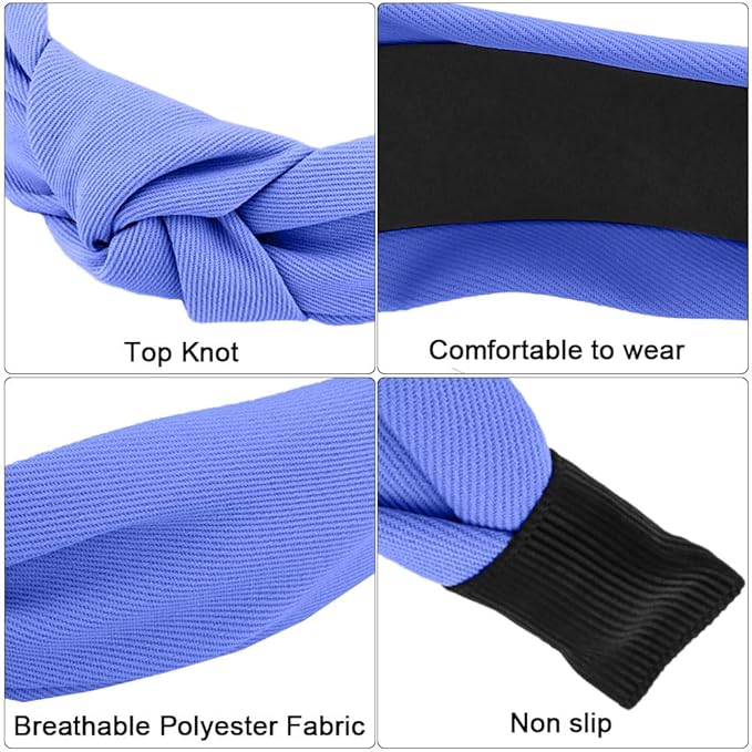 AHONEY 5 Pack Blue Knotted Headbands for Women Girls Trendy Fashion Thick Headbands Top Knot Non Slip Cute Hair Accessories Headband Pack Diademas Para Mujer