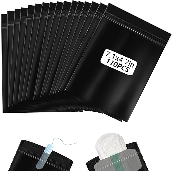 Sanitary Napkin Disposal Bags 110pcs, Big Size(7.1x4.7in) Women Tampon Disposal Bags Sealed Opaque Feminine Hygiene Disposal Bags for Privacy, Black