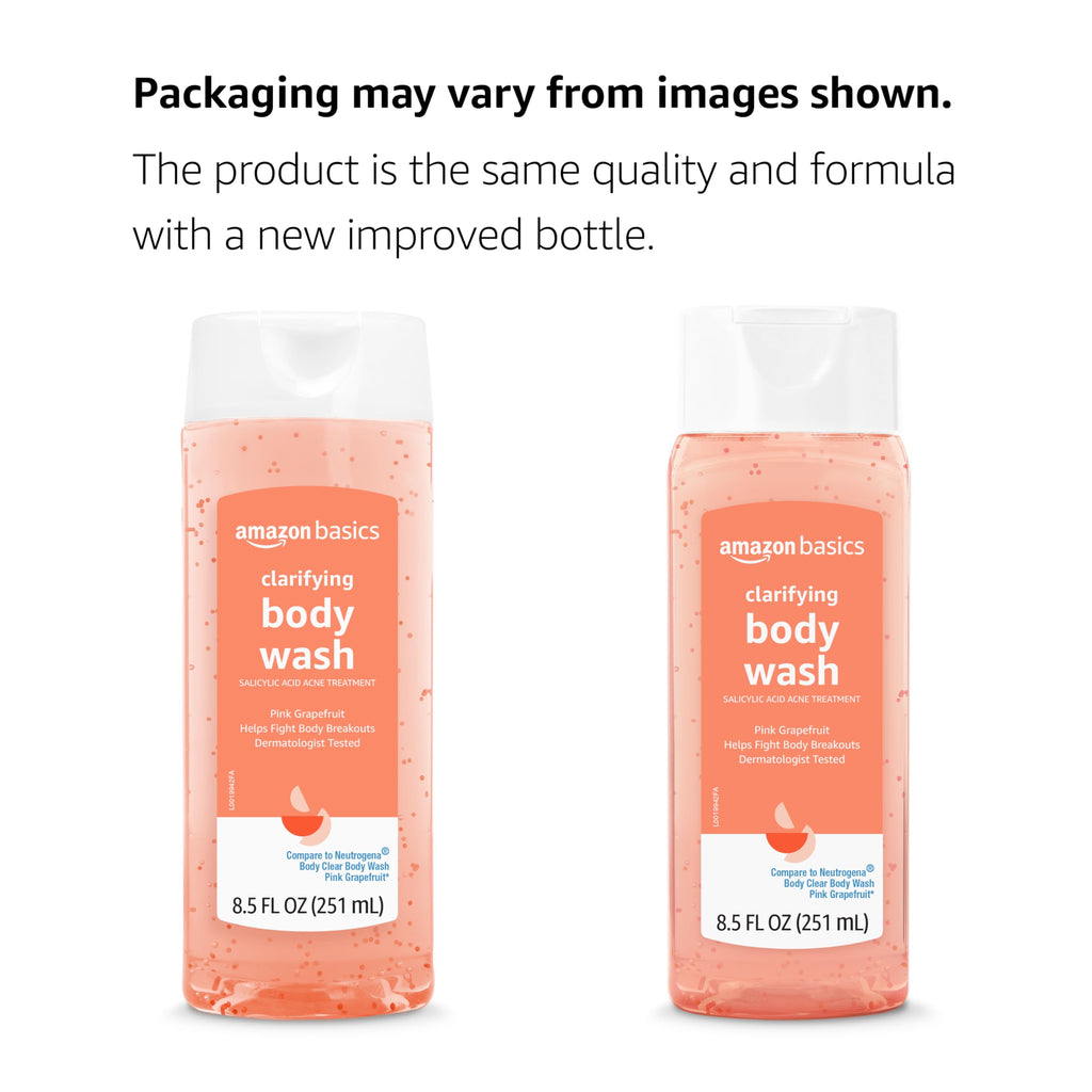 Amazon Basics Clarifying Pink Grapefruit Body Wash, 2% Salicylic Acid Acne Treatment, Foaming, Refreshing, Prevents Breakouts, Dermatologist Tested, 8.5 fl oz, 4-Pack (Previously Solimo)