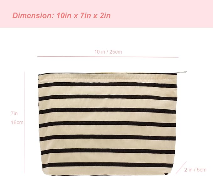 PAZIMIIK Floral Makeup Bag Large Cotton Zipper Pouch for Purse Travel Canvas Make Up Organizer for Women Cosmetic,Stripe White
