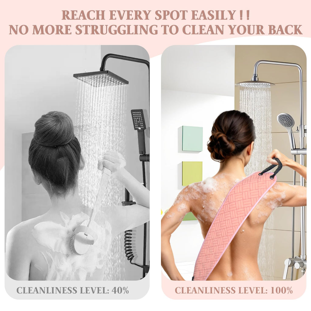 Back Scrubber with Upgraded Handles - 39 Inch Double-Sided Body Exfoliator for Shower/Bath, Deep Cleansing Back Washer for Hard-to-Reach Areas, Unisex (Men & Women) (Pink)