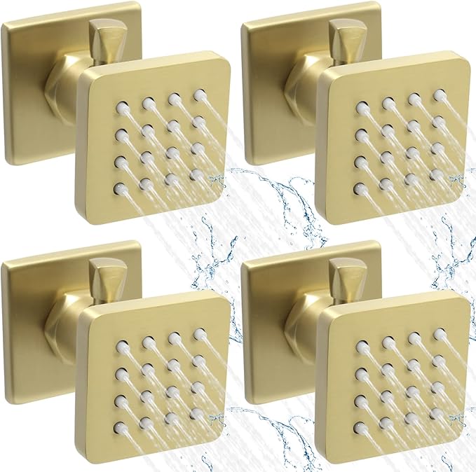 Brushed Gold Square Shower Body Spray Jets with Flow Control and Swivel - Solid Brass Adjustable Water Massage Jets, Wall-Mounted Concealed