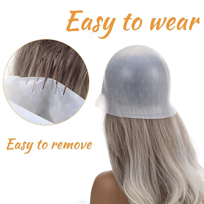 LIQWEI 2 Pcs Highlight Cap and Hook, White Silicone Reusable Highlighting Cap with 4.72 Inch Hook for Hair Coloring, Dyeing & Staining, Salon & Home Use (8.66 Inch Diameter)