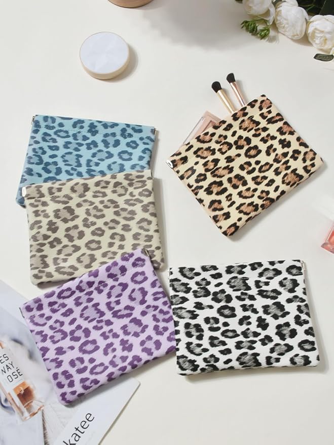 Ksriylm Leopard Leather Small Makeup Pouch for Women,Cosmetic Accessories,Waterproof and Portable Cosmetic Bag,Self-closing, No Zipper, Aesthetic Storage Pouch,Lipstick for Purse,White Black