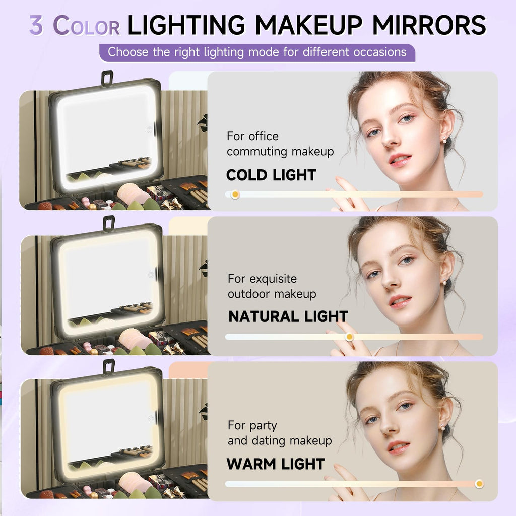 Leeora&Leekoo Makeup Case with Lighted Mirror, Portable Train Case Organizer for Makeup & Beauty Tools, Professional Cosmetic Storage Box (Black)