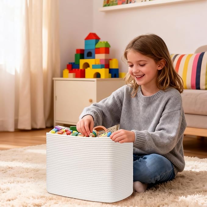 3 Pack Cube Storage Bin, 17”x12”x12” Cotton Rope Woven Baskets for Organizing Toys Clothes Towels, Square Gift Storage Baskets for Shelf, Nursery, Closet, Bathroom, Pantry (White)