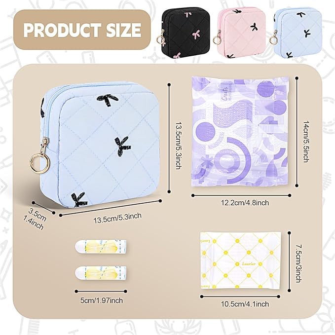 Playexen Period Bag for Teen Girls, Quilted Sanitary Napkin Storage Bag, Cute Bow Tie Menstrual Pad Pouch Tampon Holder (Pink)
