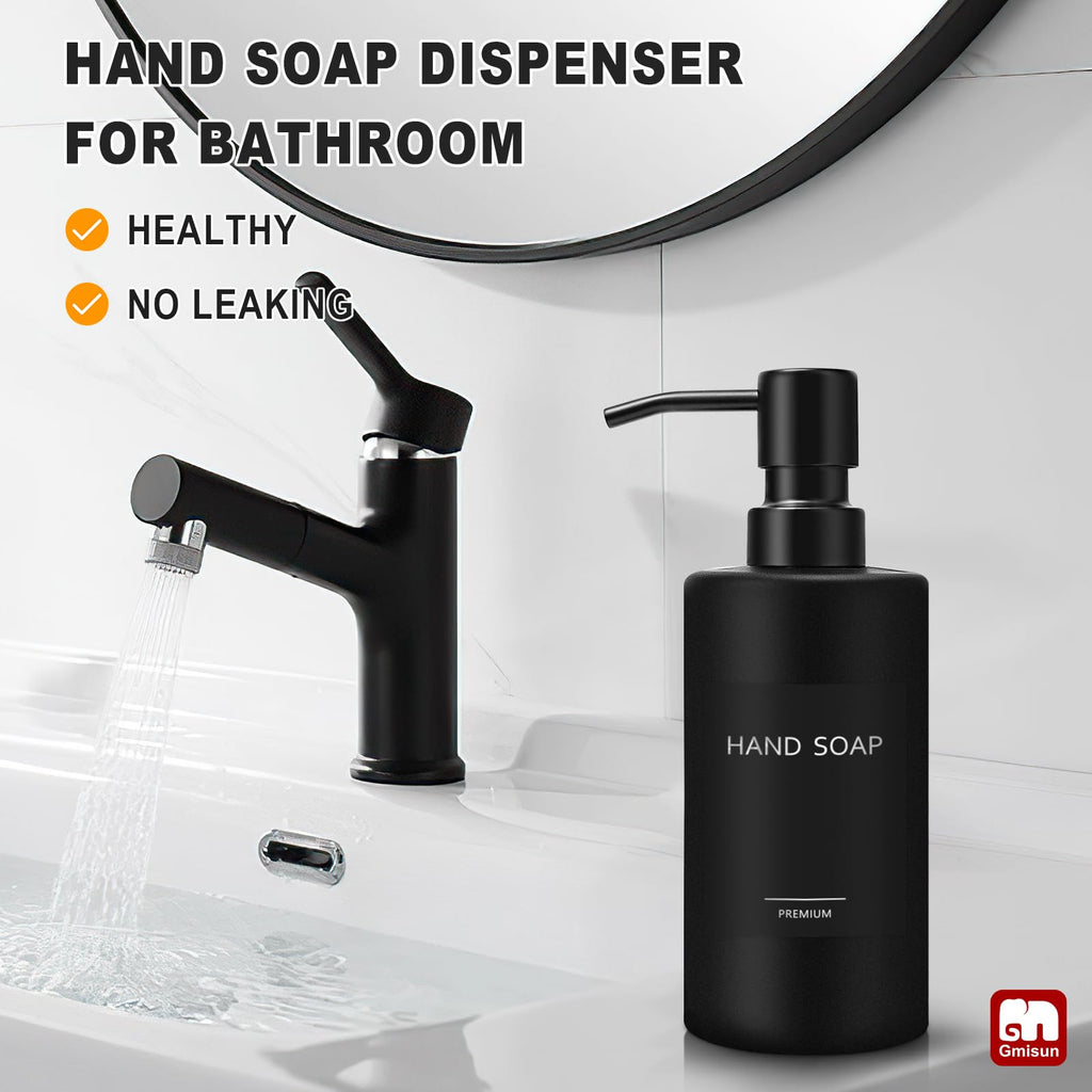 GMISUN Black Soap Dispenser, Hand Soap Dispenser Bathroom, Hand and Dish Dispenser Set for Kitchen, 12 fl oz/350ml Glass Liquid Soap and Lotion Dispensers with Stainless Steel Pump, 2 Pack Refillable