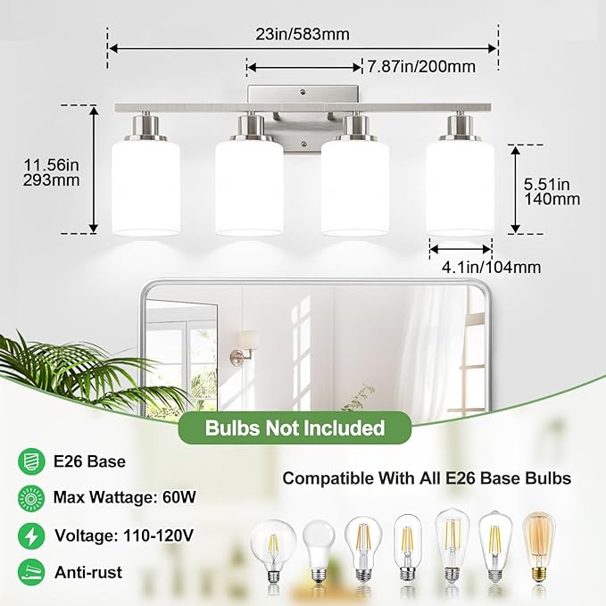 4-Light Bathroom Light Fixtures, Brushed Nickel Vanity Lights with Milk Glass Shades, Modern Bathroom Wall Lamp for Mirror Living Room Bedroom Porch
