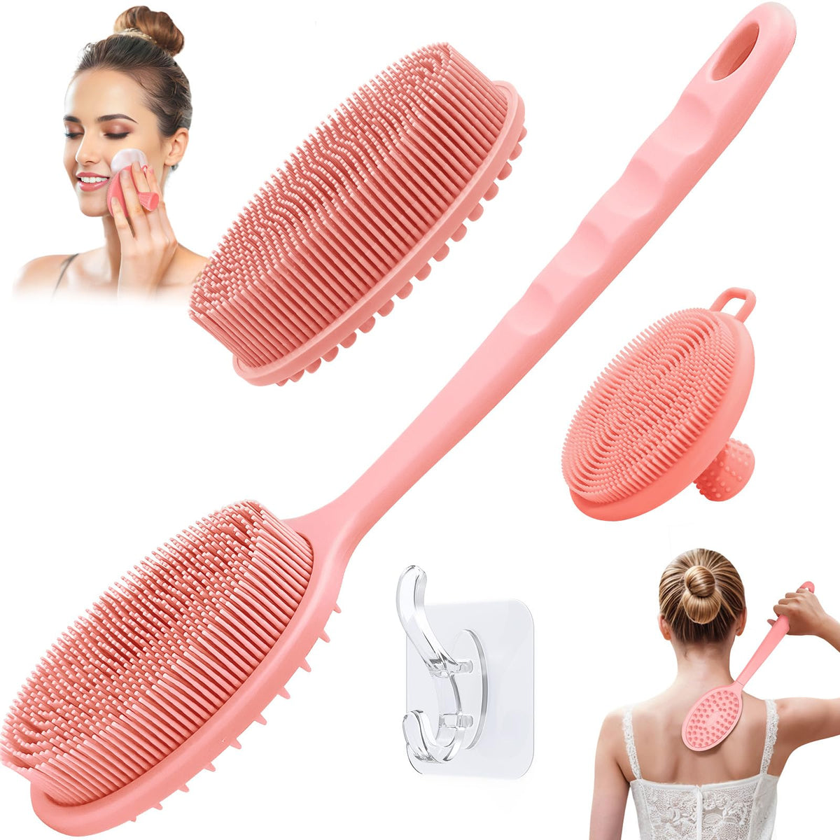 GEENOA Silicone Back Washer for Shower, Gentle Exfoliating Body & Back Scrubber with Handle, Silicone Loofah with Two Dual-Side & Replaceable Brush Heads(Green-Two Heads)