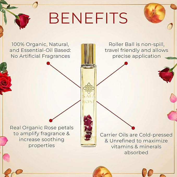 SAFA Rosé Organic Rose Oil Perfume Roller | Bulgarian Damask & Indian Rose Petals | 10 mL Long Lasting Perfume Oil for Women & Men | Alcohol Free & Non Toxic