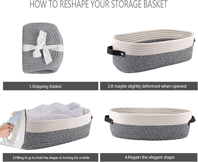 Oradrem 2 Pack Small Cotton Rope Woven Basket Toilet Paper Baskets for Organizing Decorative Basket for Boho Decor Small Storage Basket 13"x5.9"x4" Variegated Gray&White