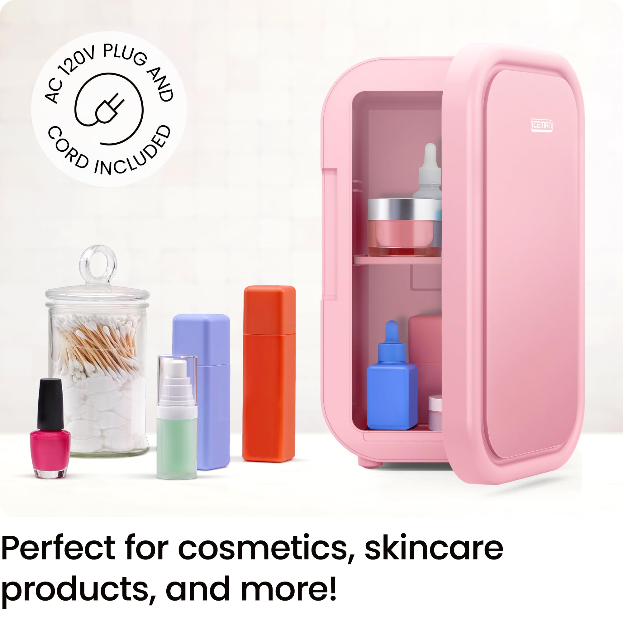 Iceman Portable Mini Fridge – Fits 8 x 12 oz Cans, Cooler and Heater Mini Fridge for Bedroom, Car, Office, Dorm and Skincare, AC/DC Car Plug-Compatible - Pink