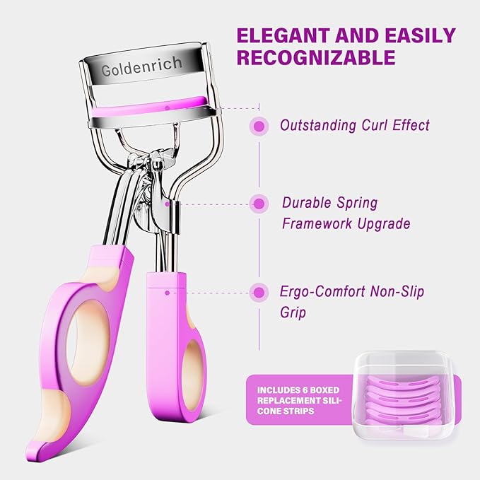 Eye Lash Curler with 6 Boxed Replacement Pads, Goldenrich Eyelash Curlers Painless Perfect Curl, Nice and Easy to Identify, Valentine's Day for Her, Teenagers, Beauty Enthusiasts-Silver Purple Pink