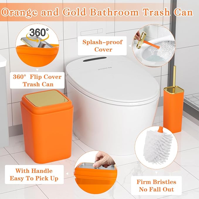 XLHOMO Bathroom Set, 9PC Bathroom Accessory Set, Orange Bathroom Accessories, Orange Bathroom Set, Trash Can, Soap Dispenser for Home Decor