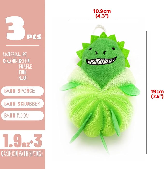 MURRI&MURRDI 3 Pack Kids Cartoon Bath Sponges - Cute Animal Shower Poufs for Toddlers, Gentle Exfoliating Body Scrubber & Mesh Loofah Gift Set for Boys Girls