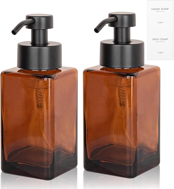Foaming Soap Dispenser with Stainless Steel Pump, 12oz Refillable Glass Liquid Dish Soap Bottles for Bathroom, Kitchen Sink, Home Decor, 2 Pack
