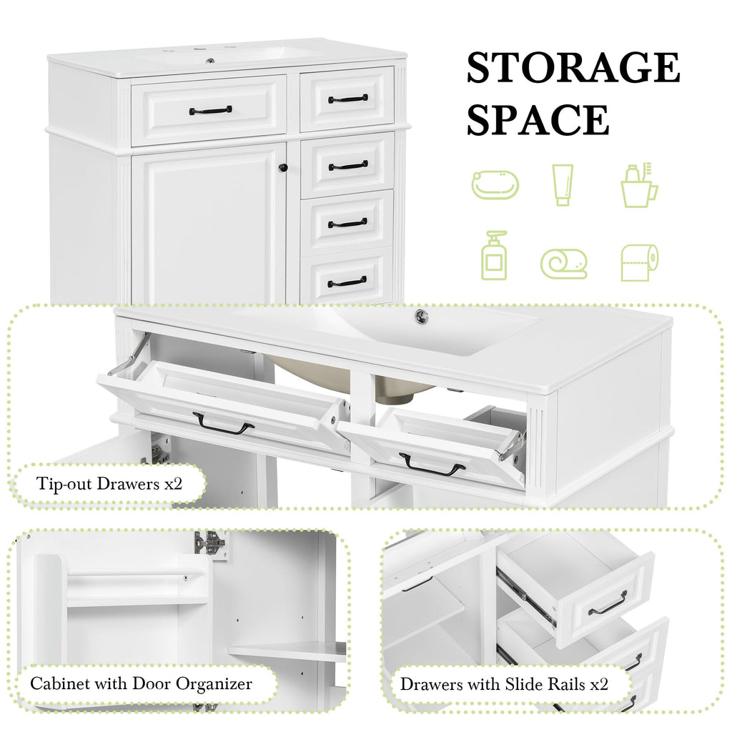 Harper & Bright Designs 36" Bathroom Vanity with Sink, Free Standing Vanity Set with 4 Drawers, Storage Racks, and Adjustable Shelf, Wood Bathroom Cabinet with Ceramic Basin for Bathroom, White