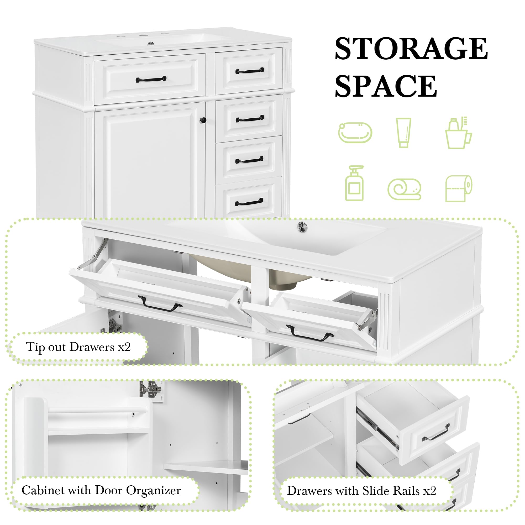 Harper & Bright Designs 36" Bathroom Vanity with Sink, Free Standing Vanity Set with 4 Drawers, Storage Racks, and Adjustable Shelf, Wood Bathroom Cabinet with Ceramic Basin for Bathroom, White