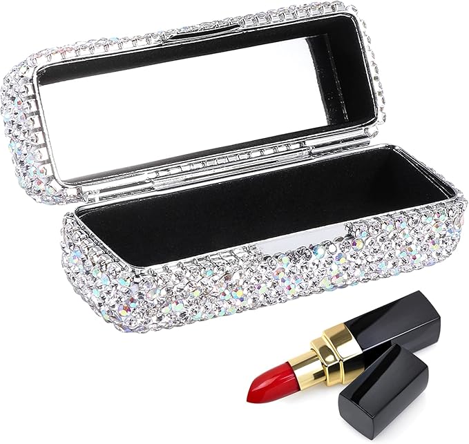 FuGuiHui Rhinestone Lipstick Case with Mirror Bling Crystal Lipstick Case 3.44x1.12x1.2in Diamonds Makeup Cosmetic Storage Box Holder for Purse(COLOR:White)