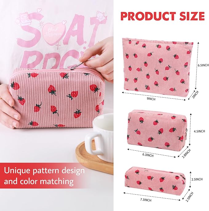 Gocvo 3 Pcs Makeup Bag Cosmetic Bag Set for Girls Women Travel Organizer Bathroom Toiletry Pouch Large Capacity Storage Bag (Strawberry Pink)