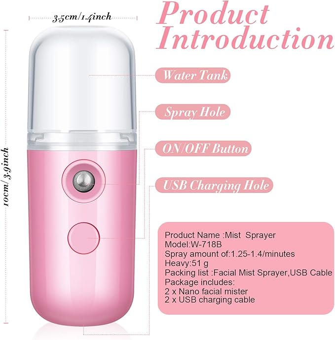 Honoson 2 Pack Nano Facial Mister Spray Bottle Handheld Humidifier Portable Face Mister for Eyelash Extensions USB Rechargeable 1 oz Mini Skin Care Machine for Daily Makeup(Blue and Dark Pink)