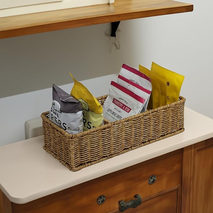 Waterproof Wicker Bathroom Basket with 3 Compartments, Light Brown
