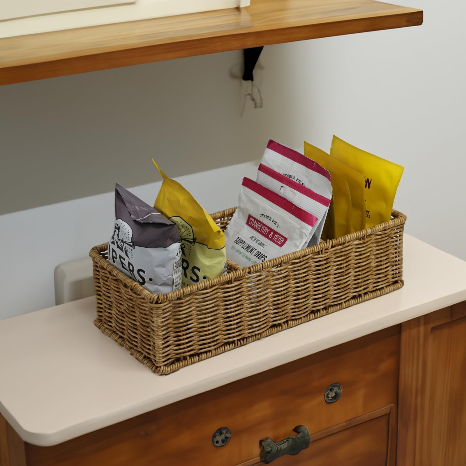 Waterproof Wicker Bathroom Basket with 3 Compartments, Light Brown