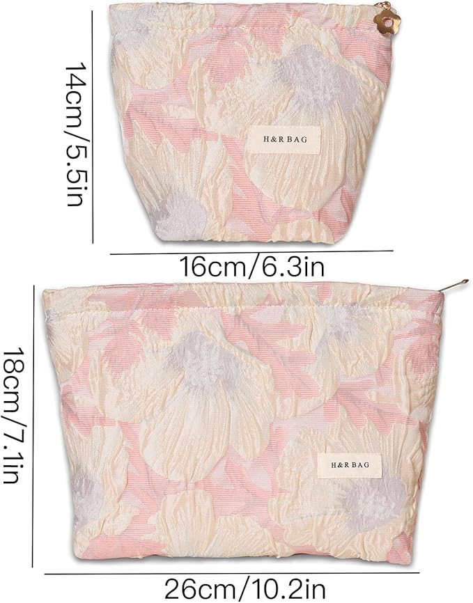 BOCGRPU 2 PCS Makeup Bag Small Cute Makeup Pouch Floral Cosmetic Bag for Women，Soft Toiletry Bag Pouch for Purse, Stereoscopic Emboss Craft Makeup Bag with Zipper（ Relief Pink Flower）
