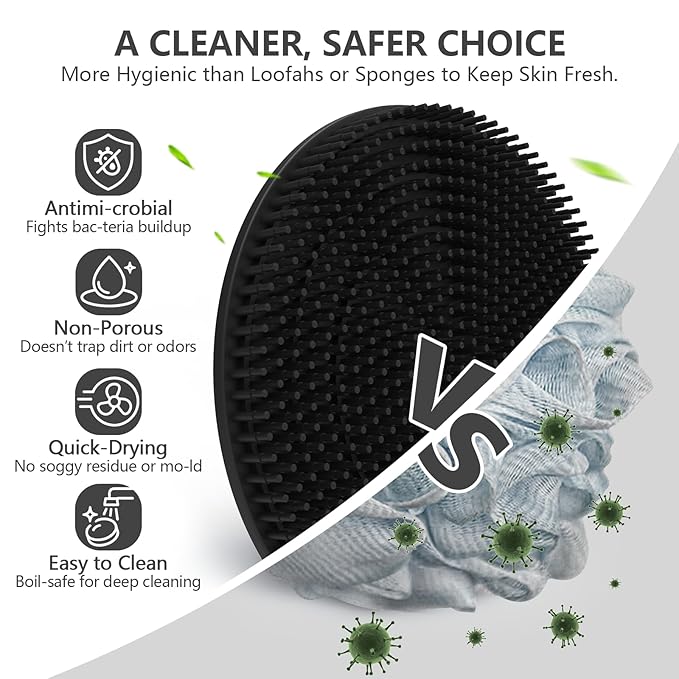 Silicone Body Scrubber with Scrub Net Set, BEAUTAIL 2 Pack for Rich Lather, Deep Cleansing, and Exfoliation – Durable, Easy to Clean, Gentle or Firmer Options – 1 Shower Brush Black, 1 Scrub Net Gray