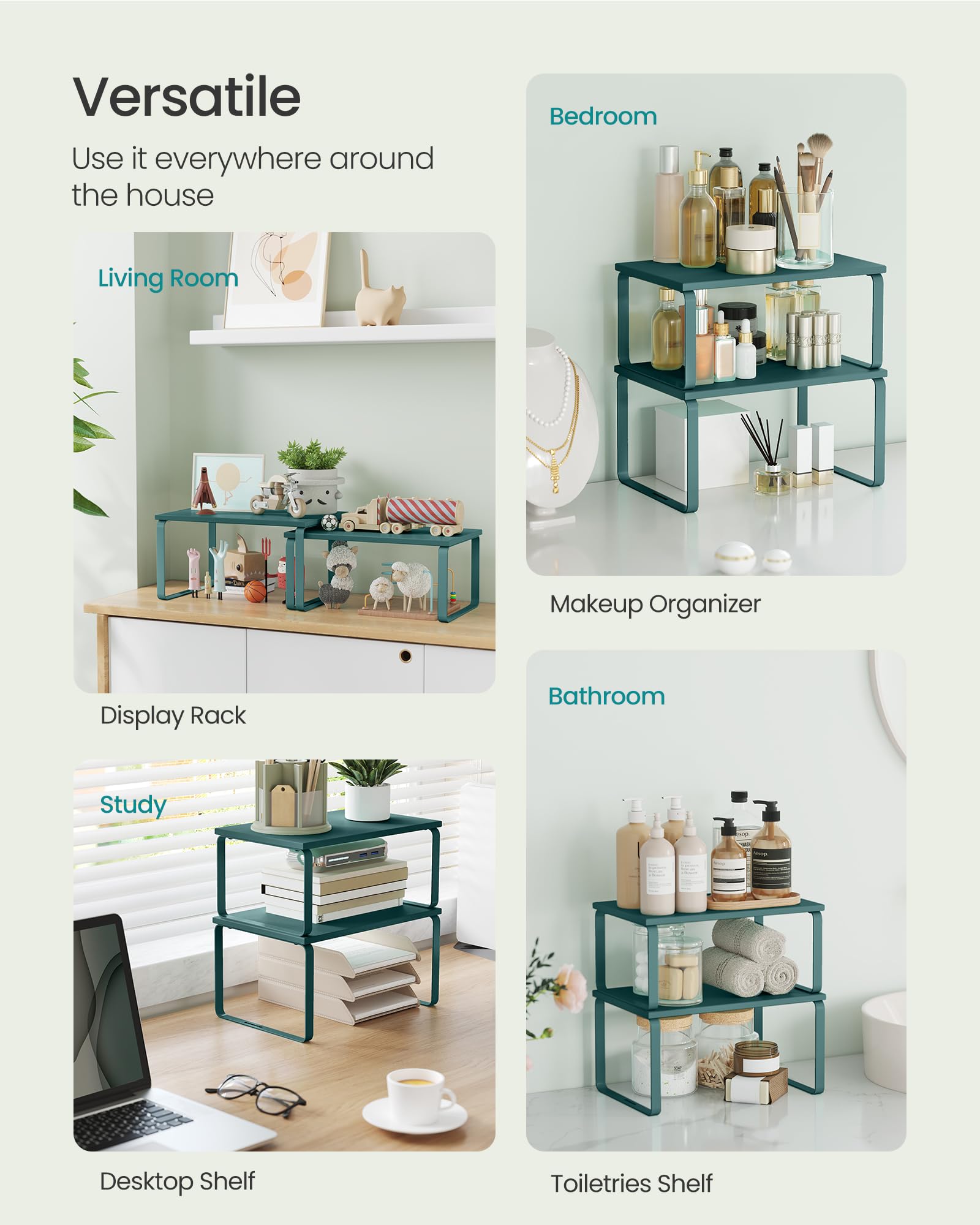 SONGMICS Cabinet Organizer Shelf, Set of 2 Kitchen Counter Shelves, Kitchen Storage, Spice Rack, Stackable, Expandable, Metal and Engineered Wood, 11.7 Inches, Marrs Green UKCS002C02