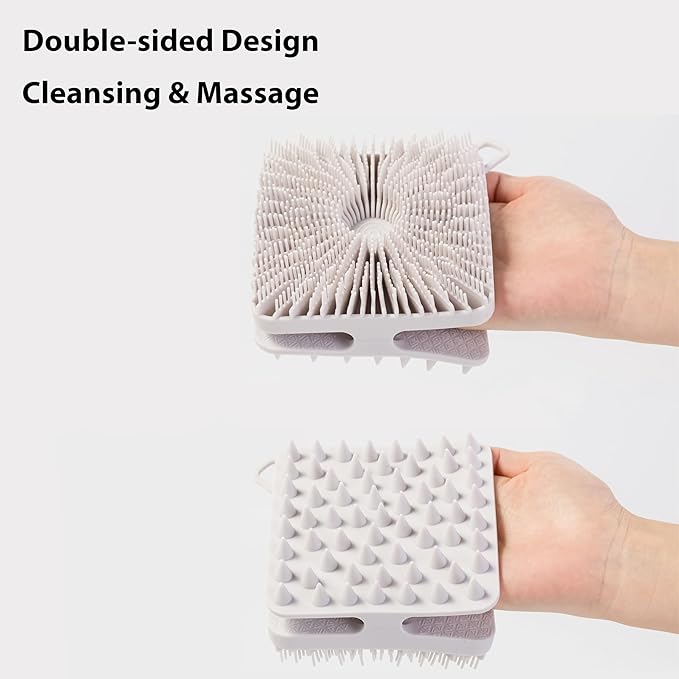 MtBoi 2 PC Silicone Exfoliating Body Scrubber, Body Shampoo Brush, Soft Silicone Loofah for Sensitive Skin, Shower Silicone Hair Scalp Massager, Easy to Clean, Lather Well(Gray&Pink)