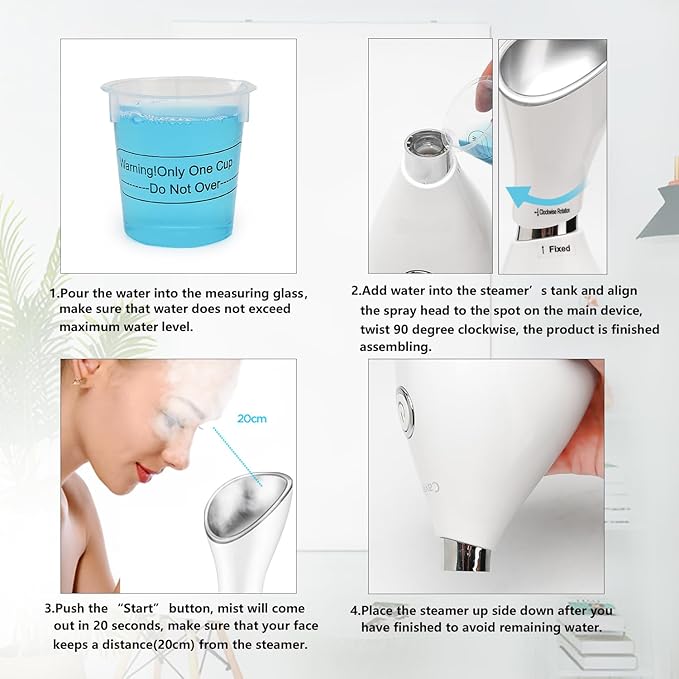 Facial Steamer-Nano Ionic Facial Steamer Warm Mist Humidifier Atomizer Sprayer Moisturizing Face Steamer Home Sauna SPA Face with 4 Piece Stainless Steel Skin Kit and Hair Band(White)