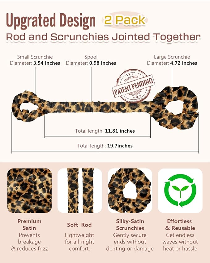 BONNET QUEEN 2 Pack Medium Satin Heatless Hair Curler for Medium to Long Thick Hair, Heatless Curls Overnight, Hair Curlers to Sleep In, Damage-Free Waves with Built-in Scrunchie, Leopard