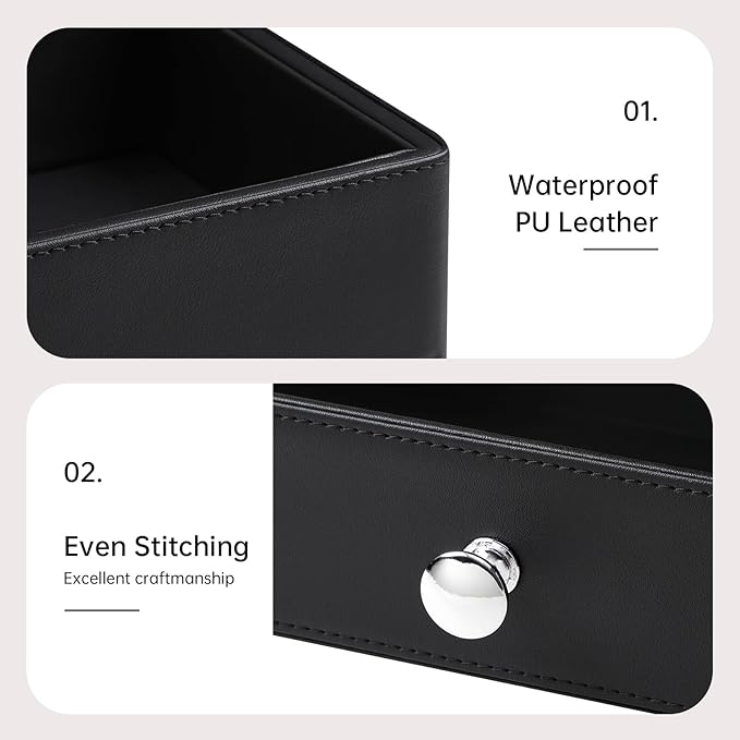 MEIBOOCH PU Leather Desk Organizer with Drawer, Multifunctional Nightstand Organizer, Waterproof Makeup Organizer for Vanity Bathroom Countertop Bedside Table (Black)