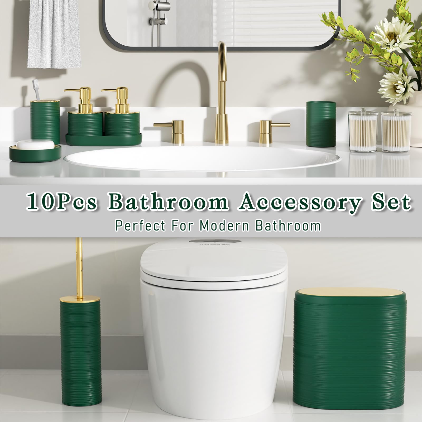InnJoey Bathroom Set, 10PC Bathroom Accessory Set, Green Bathroom Accessories, Green and Gold Bathroom Set with Trash Can, Soap Dispensers
