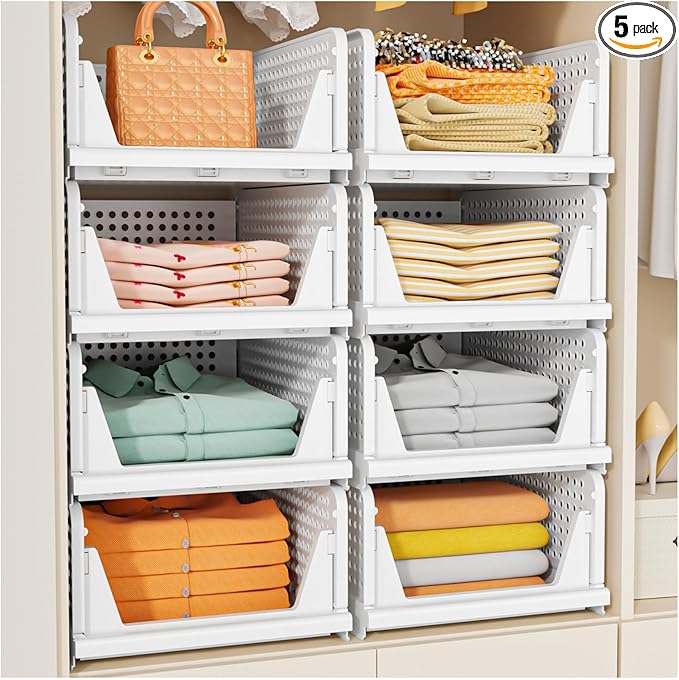 SNSLXH 5 Pack Stackable Closet Organizer Box, Multifunctional & Foldable Closet Storage Basket for Bathroom Kitchen Laundry Room Wardrobe Storage, Space-Saving Clothes Storage Drawer Organizer