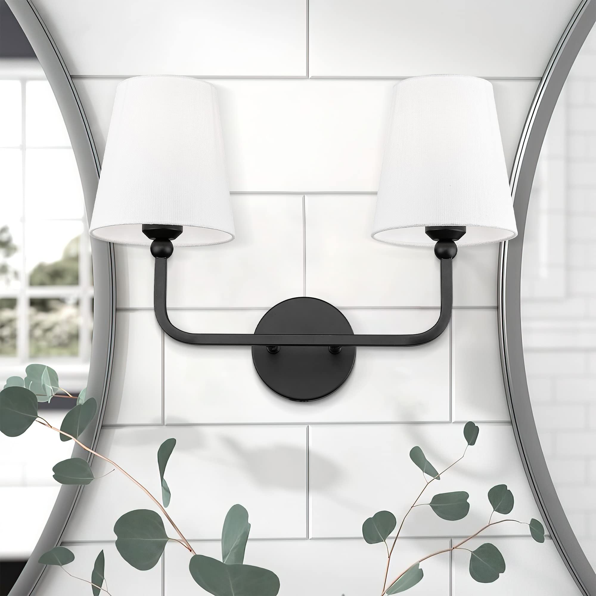 METWET 2-Light Matte Black Bathroom Vanity Light, White Fabric Shades
