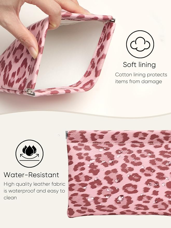 Ksriylm Leopard Leather Small Makeup Pouch for Women,Cosmetic Accessories Organizer,Waterproof and Portable Cosmetic Bag,Self-closing, No Zipper, Aesthetic Storage Pouch,Lipstick for Purse,Pink
