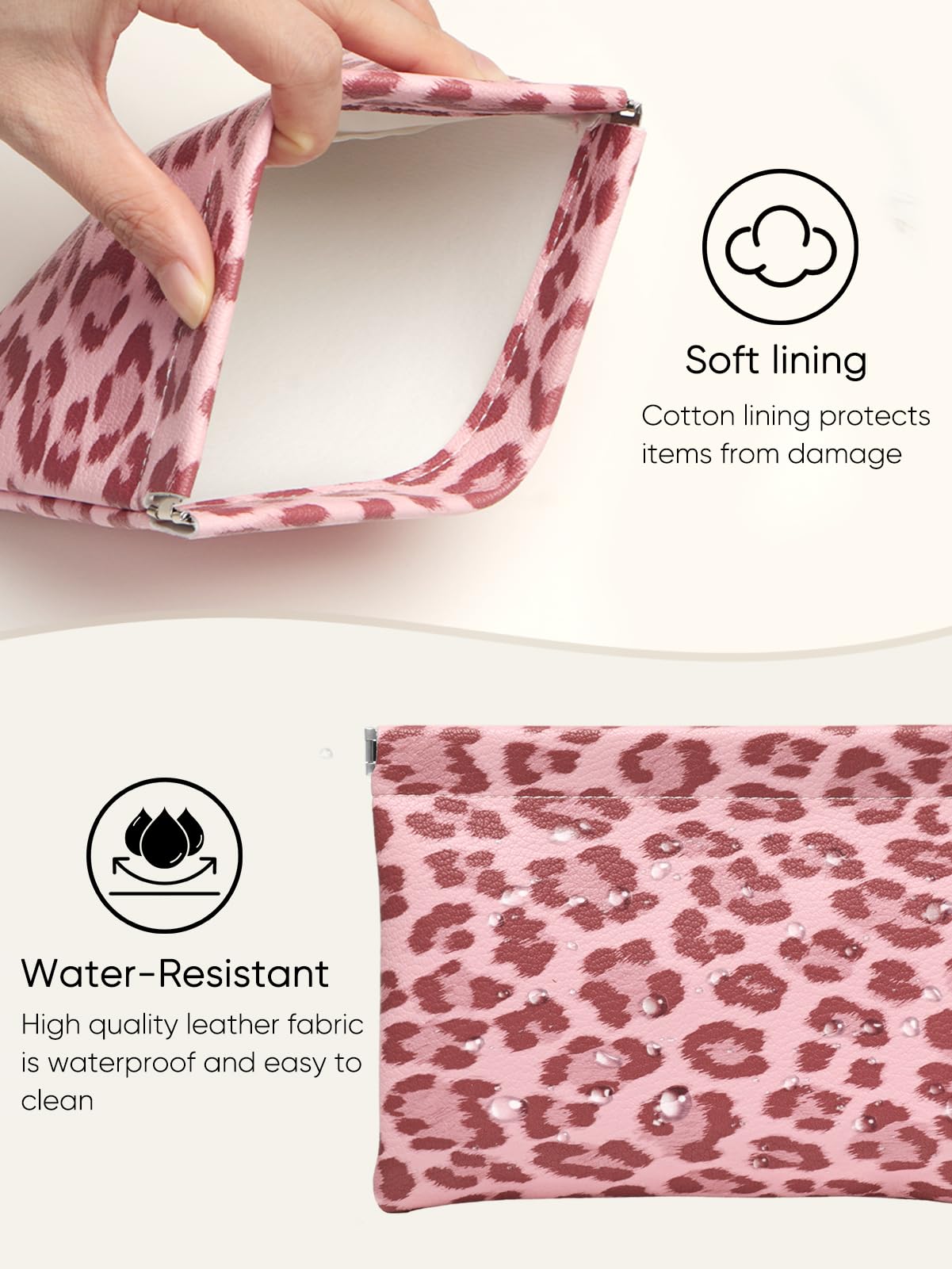 Ksriylm Leopard Leather Small Makeup Pouch for Women,Cosmetic Accessories Organizer,Waterproof and Portable Cosmetic Bag,Self-closing, No Zipper, Aesthetic Storage Pouch,Lipstick for Purse,Pink