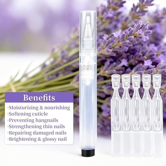 RAQEHO Refillable Cuticle Oil Pen - 1 Empty Nail Oil Pen with 10 x 1.8ml Queeze Cuticle Oil Stick with Vitamin E Jojoba Oil Softener Moisturizer Growth Strength Repair for Thin Damaged Nails（Lavender）