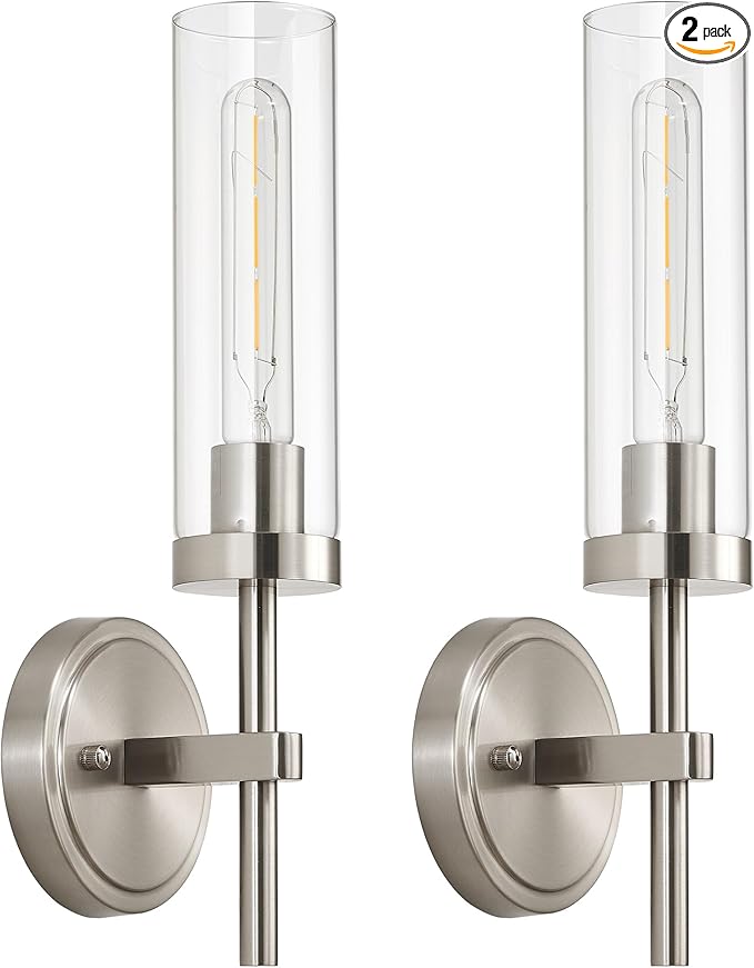SANTOSTOCK Brushed Nickel Wall Sconces Set of 2, Hardwired Bathroom Sconces Vanity Light Fixture, Farmhouse Wall Mount Lamps for Mirror Living Room Bedroom Hallway