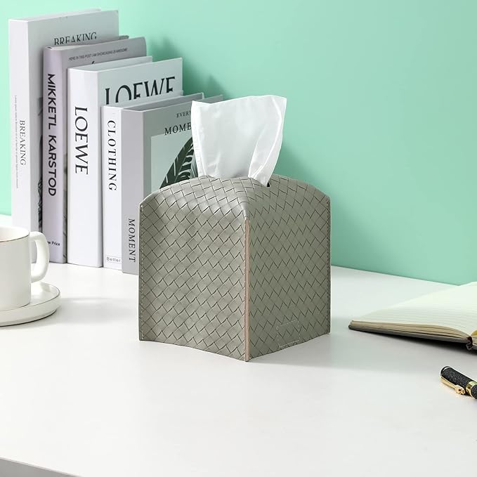 Tissue Box Cover PU Leather Tissue Holder Square Facial Tissue Case Facial Paper Organizer Dispenser for Bathroom, Vanity Countertop, Tabletop, Car, Evergreen