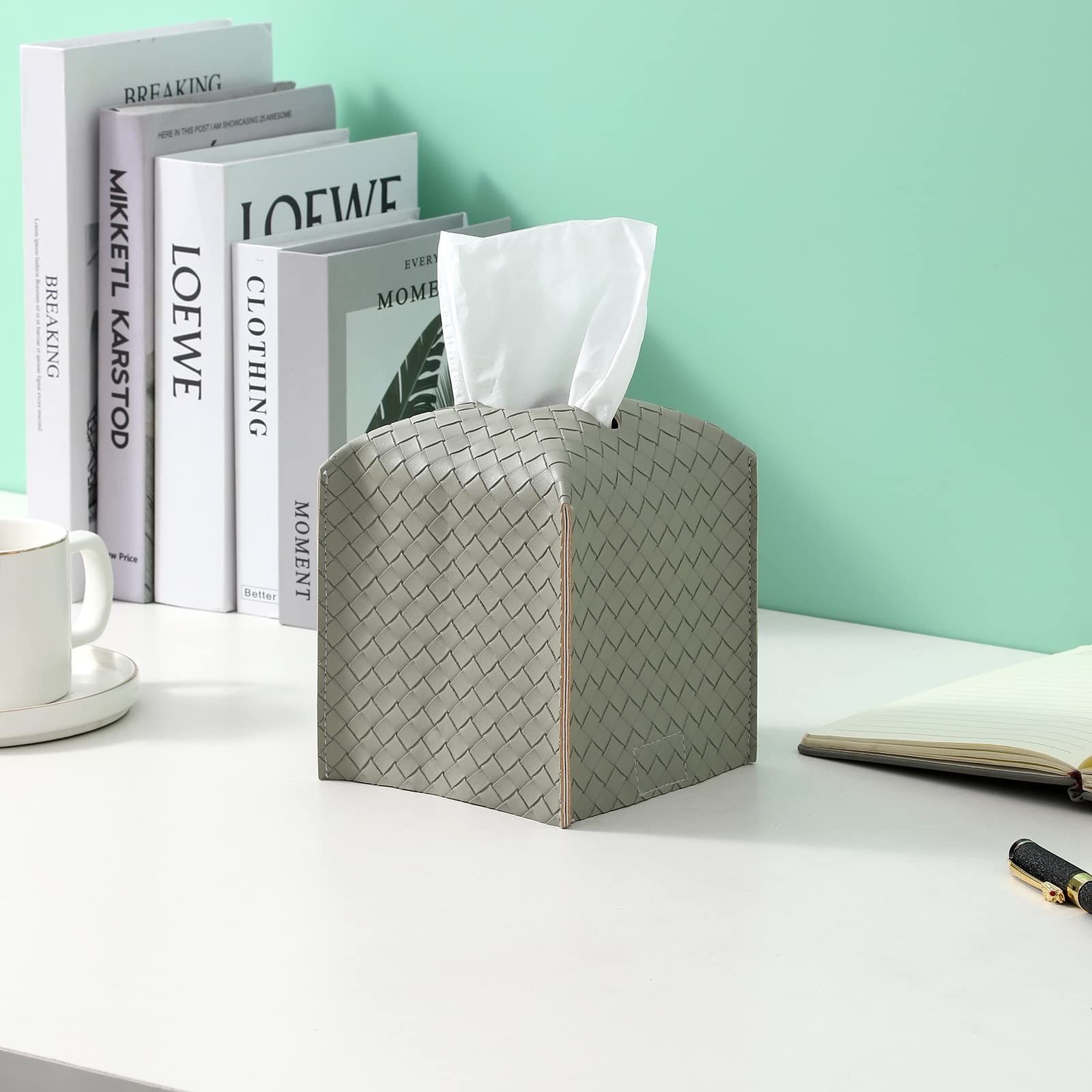 Tissue Box Cover PU Leather Tissue Holder Square Facial Tissue Case Facial Paper Organizer Dispenser for Bathroom, Vanity Countertop, Tabletop, Car, Evergreen