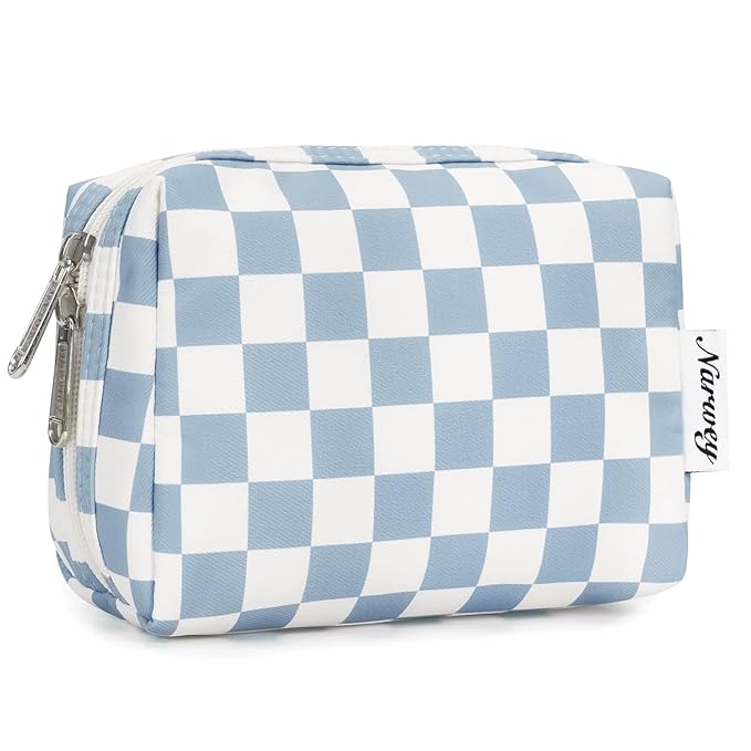 Narwey Small Checkered Makeup Bag for Purse Mini Cosmetic Bag Travel Makeup Pouch Zipper Pouch Cute Make up Bags with Compartments for Women Girls (Small, Sky Blue Checkerboard)