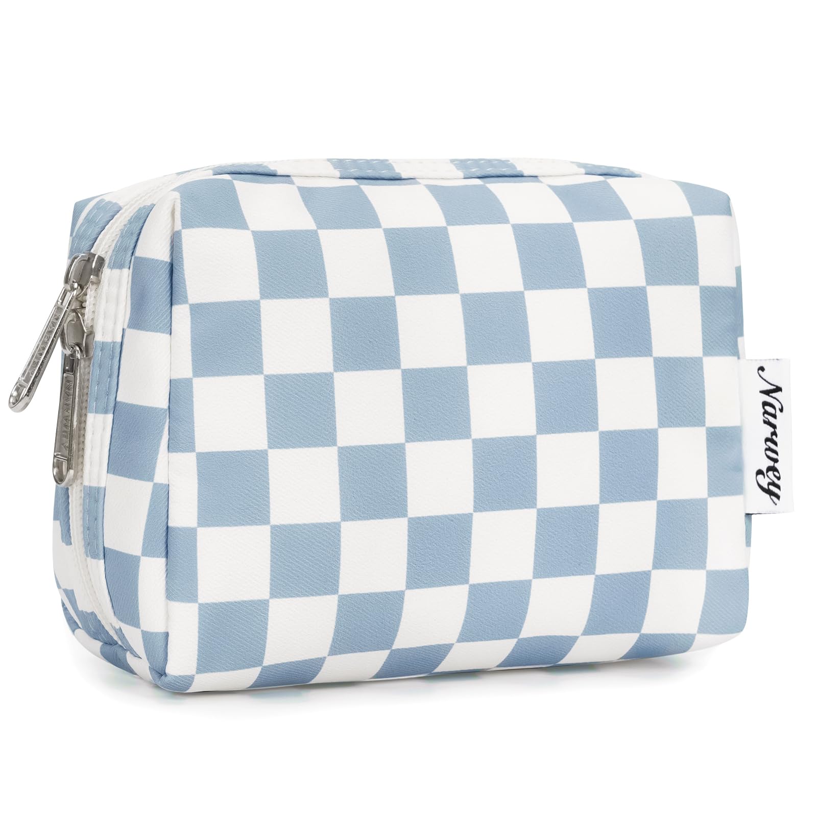 Narwey Small Checkered Makeup Bag for Purse Mini Cosmetic Bag Travel Makeup Pouch Zipper Pouch Cute Make up Bags with Compartments for Women Girls (Small, Sky Blue Checkerboard)