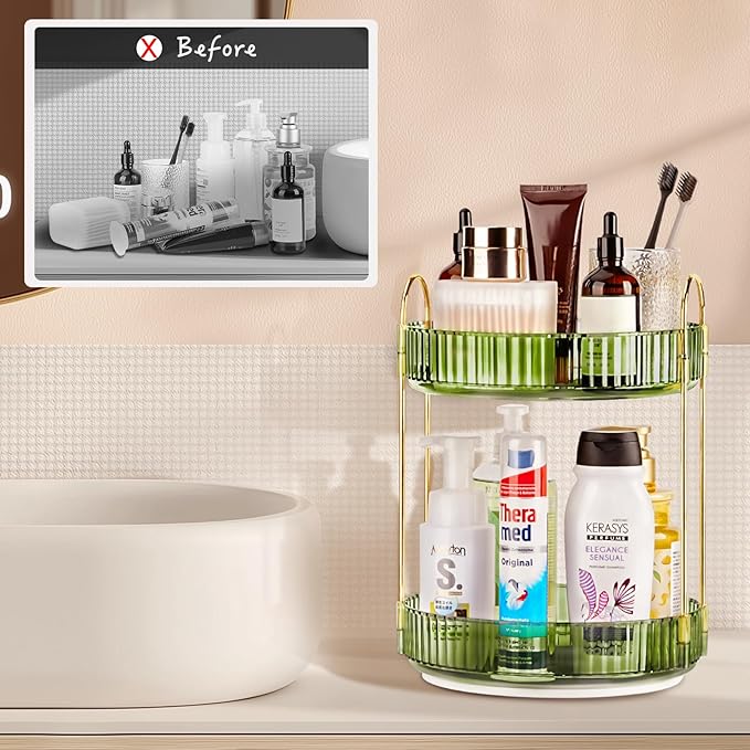 Niluks 360 Rotating Makeup Organizer, 2 Tier Lazy Susan Bathroom Counter Organizer, Skincare Organizers, Spinning Perfume Organizer & Vanity Organizer Countertop (Gem Green, 2 Tier)