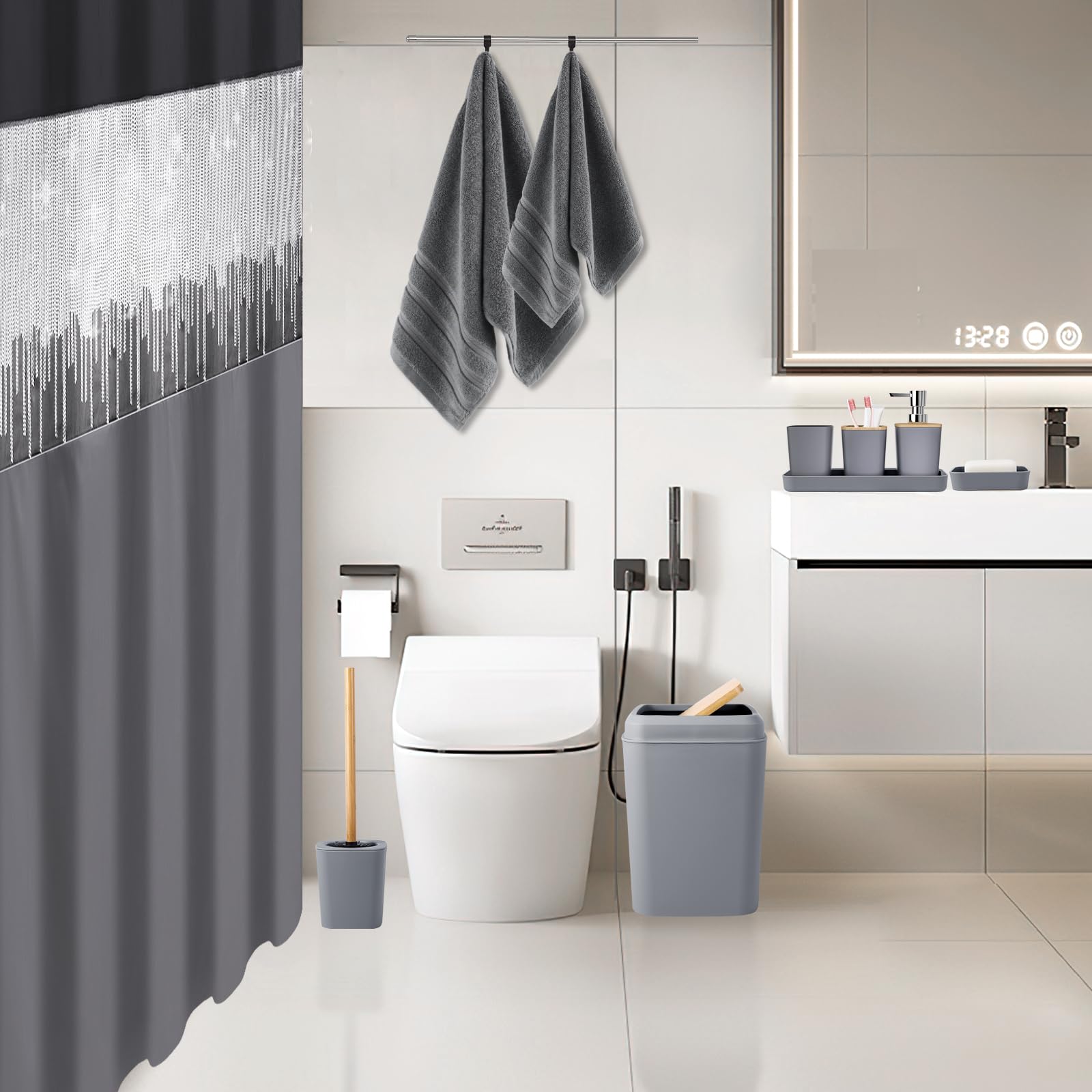 Bathroom Accessory Set – Bathroom Set with Glitter Shower Curtain, Towel Set,24 Piece Grey Shower Curtain, Bathroom Accessories Set with Shower Curtain Set for Home Decor