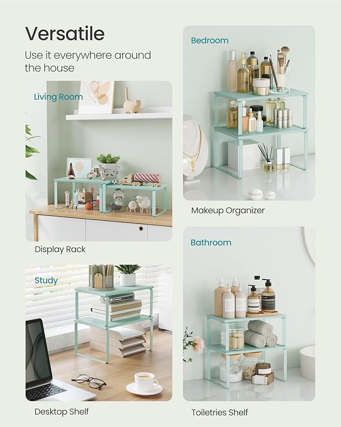 SONGMICS Cabinet Organizer Shelf, Set of 2 Kitchen Counter Shelves, Kitchen Storage, Spice Rack, Stackable, Expandable, Metal and Engineered Wood, 11.7 Inches, Moonlight Green UKCS002C01