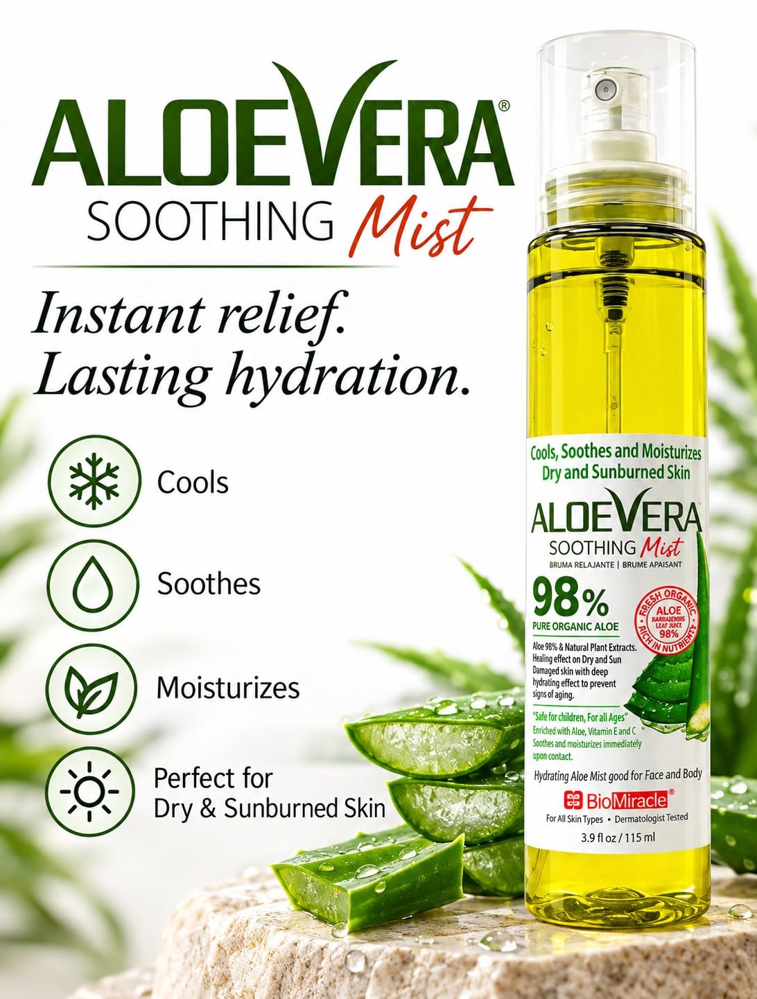 BioMiracle 98% Organic Aloe Vera Mist (3.9 oz) - Cooling Relief for Sunburn, Dry or Irritated Skin, Hydrating Spray with Vitamins C & E, 3-Pack